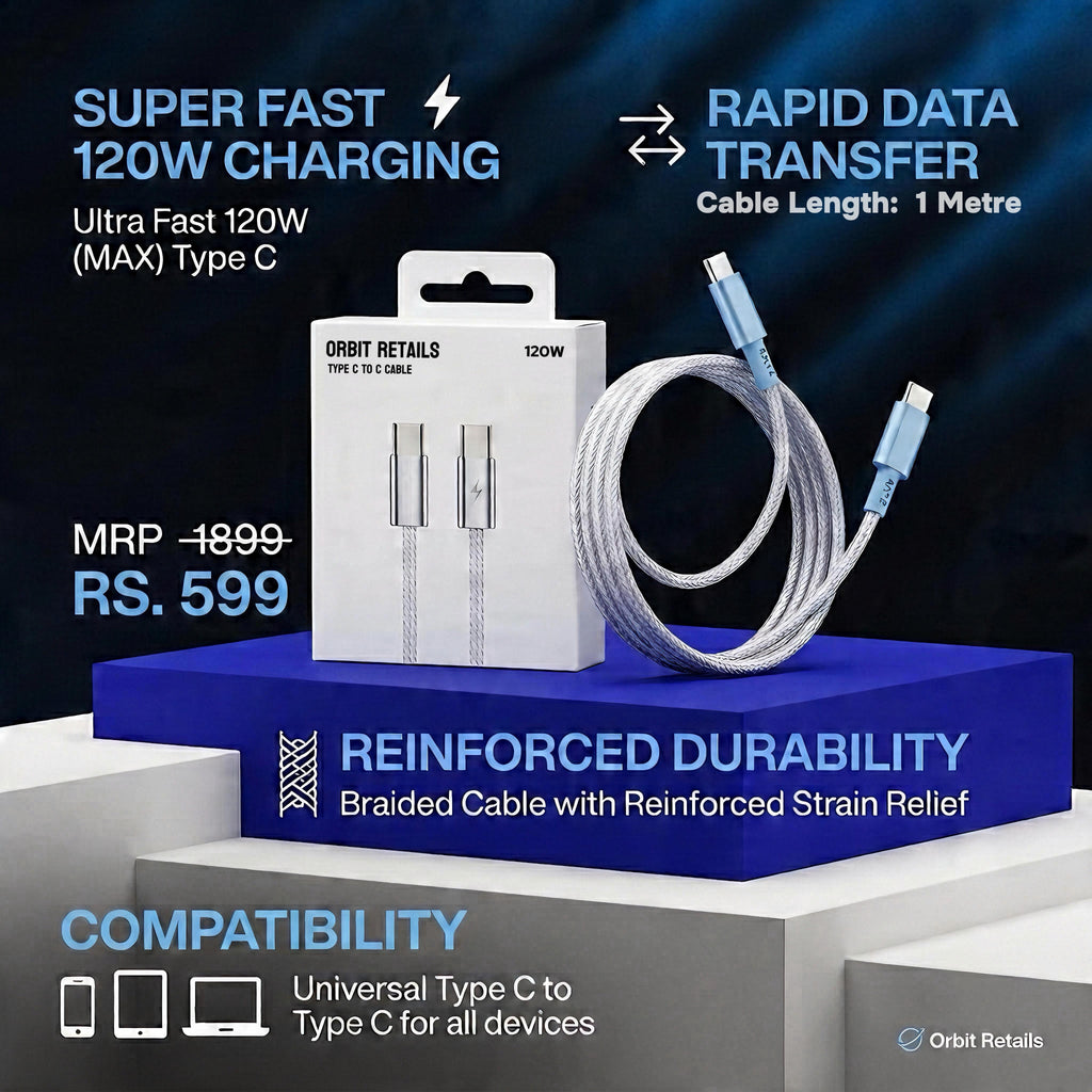 Ultra Fast 120W Type C to Type C Charging Cable | Fast Charging + Data Transfer | 1 metre