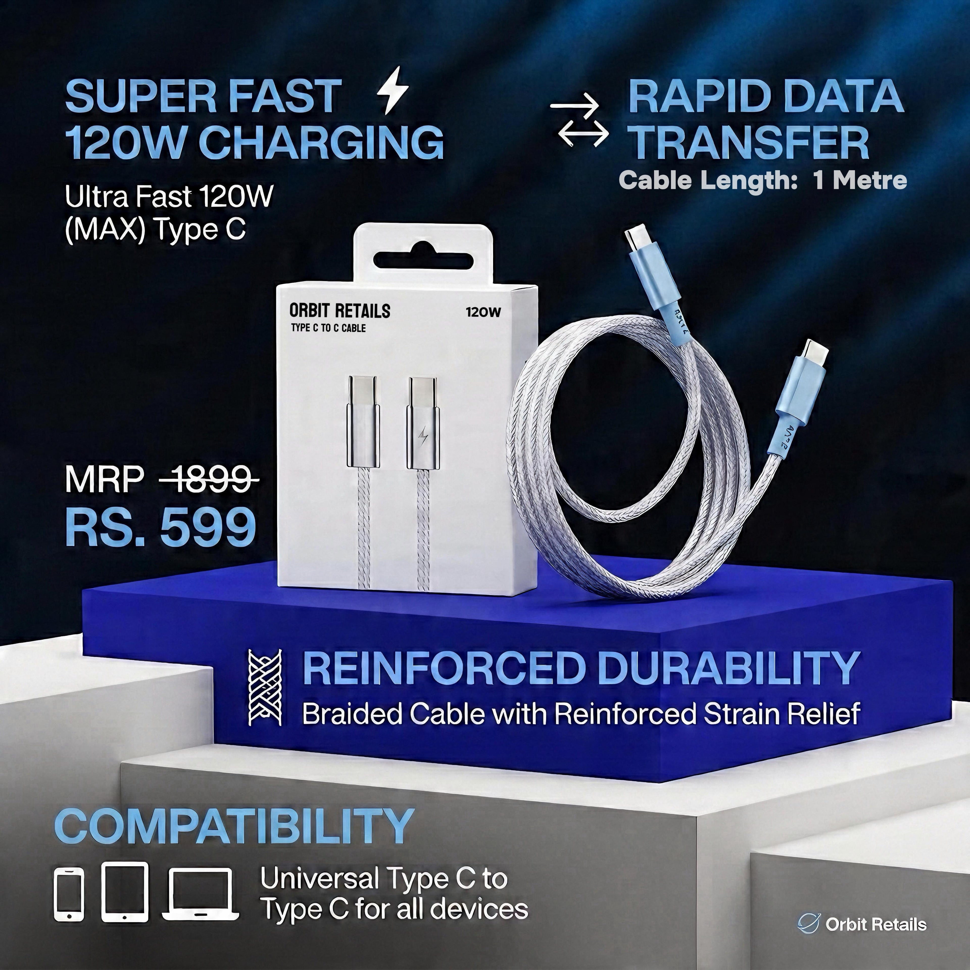Ultra Fast 120W Type C to Type C Charging Cable | Fast Charging + Data Transfer | 1 metre